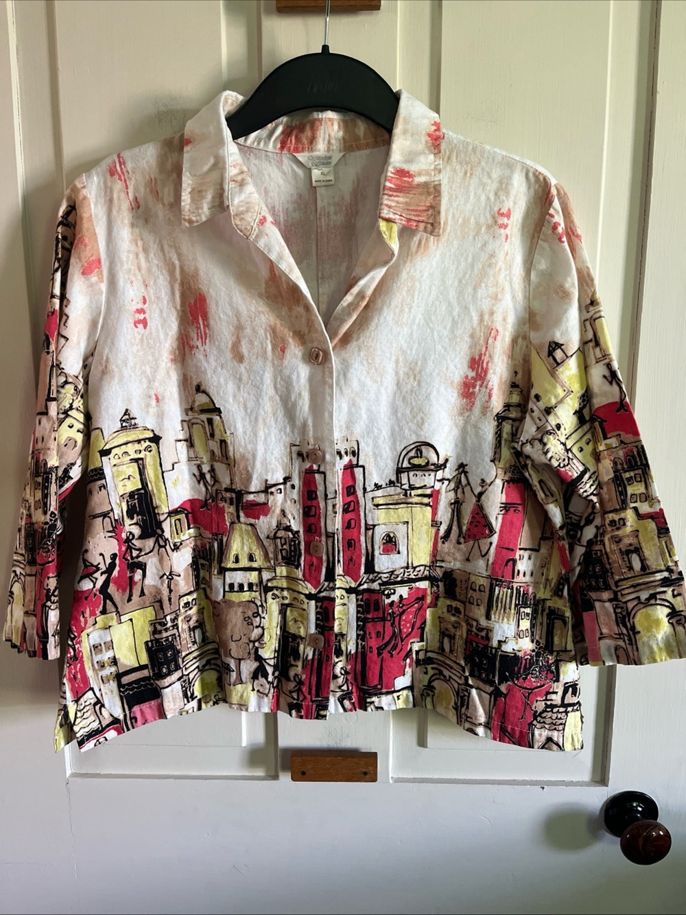 Christopher & Banks White Button-Front Top with Red & Yellow Cityscape